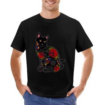 Футболка с изображением черного кота с цветочными татуировками, футболка с аниме, короткие футболки для мужчин большого и высокого роста.