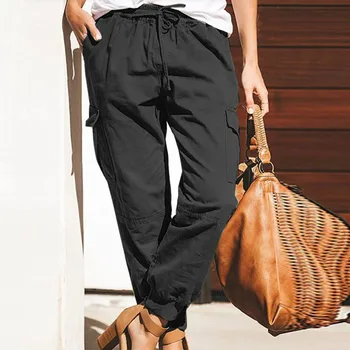 Хлопчатобумажные брюки-карго, брюки с несколькими карманами, уличная одежда, панталоны, простые женские брюки, повседневная одежда, Свободные брюки с прямыми штанинами