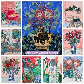 Художница Лара Ли Майнтьес Цветы, Картина с алмазной вышивкой, Красивая Ваза и Настенная мозаика для дома, вышивка крестиком, Декор для дома