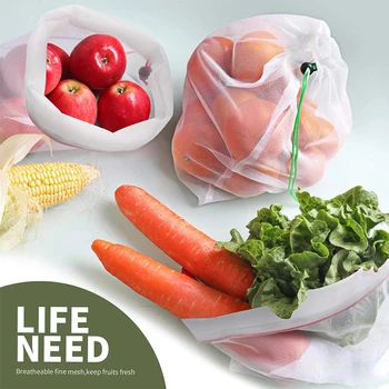 Экологически чистые продукты С нулевыми отходами, Многоразовые пакеты для фруктов и овощей, красочные сетчатые пакеты, моющиеся пакеты для лука, кухонные сумки для хранения продуктов.